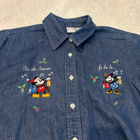 VTG Disney Denim Button Up Shirt Women Sz Lrg Minnie/Mickey Christmas Cotton - Picture 3 of 7